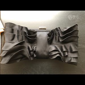 Glint Black Satin Ruffle Bow Evening Clutch
